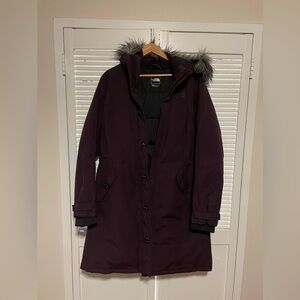 The North Face Women's Dark Purple down parka Jacket with Faux Fur Hood
